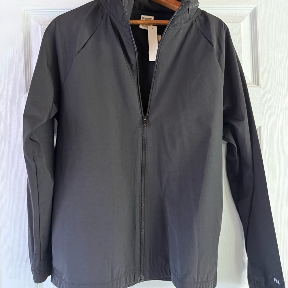 PINK Black Lightweight Zip Jacket w Hood NWT S/M Victoria Secret Windbreaker